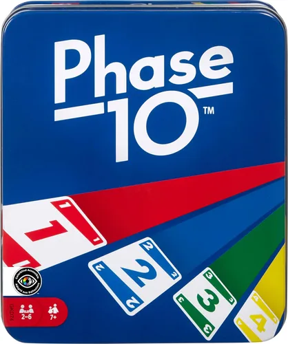 Mattel Games Juego de cartas Phase 10 con baraja accesible para daltónicos en lata de almacenamiento y viaje para niños, adultos y familias