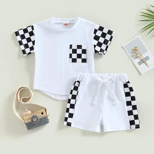 Miniatura 2 de AEEMCEM Conjunto de 2 piezas de camiseta de manga corta para bebé niño y niña, ropa de verano a cuadros