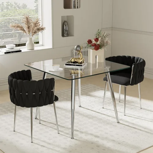 Miniatura 25 de Juego de mesa de comedor de cristal plateado para 2, juego de mesa cuadrada de lujo moderno de 36 pulgadas, juego de mesa de cocina minimalista de 3