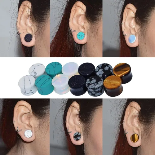 Miniatura 6 de Qmcandy - Juego de 6 pares / 16 pares de dilatadores para las orejas, de piedra mixta, expansores, conjunto de perforación corporal calibre 8G a 3/4
