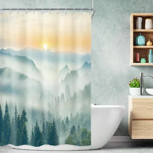 Miniatura 40 de Riyidecor - Cortina de ducha para baño pequeño de montaña, 36 pulgadas de ancho x 72 pulgadas de alto, verde, para RV, temática rústica, naturaleza