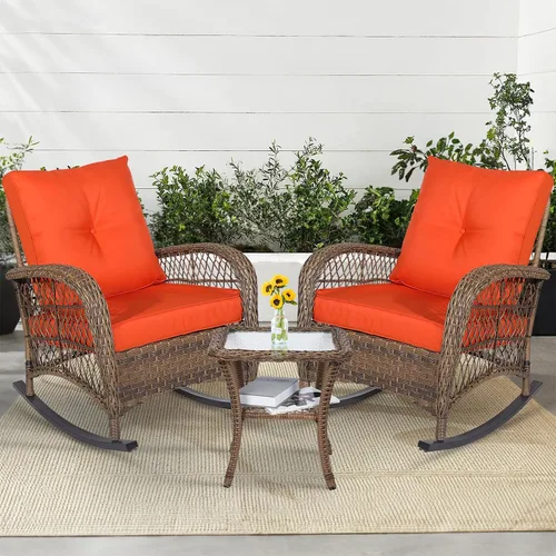 Miniatura 30 de MEETWARM Mecedora de mimbre para exteriores, sillas mecedoras de ratán para patio con cojines y respaldo alto, silla de mimbre para patio para todo