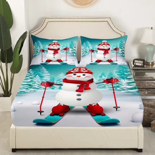 Miniatura 3 de Erosebridal Juego de ropa de cama de muñeco de nieve, tamaño individual, sábana bajera ajustable de esquí kawaii para árbol de Navidad, para niños