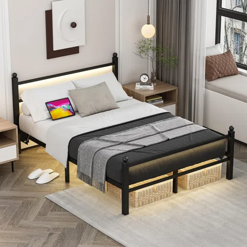 Miniatura 7 de Jenmit - Estructura de cama de tamaño completo con estación de carga y luces LED, estructura de cama de plataforma metálica con cabecera y pie