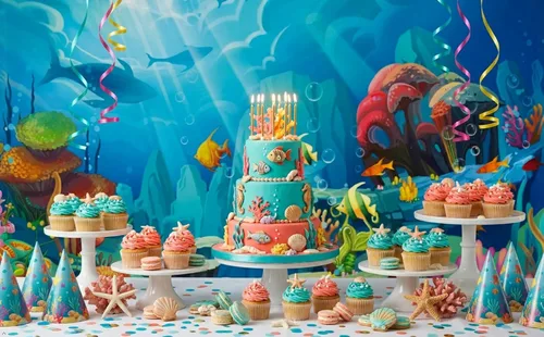 Miniatura 2 de CHAIYA Telón de fondo bajo el mar con temática de sirenita y océano para decoración de mesa de pastel de 5 x 3 pies
