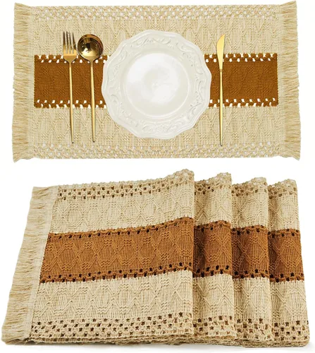 Miniatura 12 de FEXIA Juego de 4 manteles individuales bohemios, decoración de mesa de macramé, manteles individuales estilo granja en arpillera de algodón natural