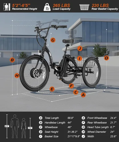 Miniatura 5 de ANCHEER Triciclo eléctrico para adultos, triciclo eléctrico plegable de pico de 600 W, bicicleta eléctrica de 24 pulgadas y 499 Wh para personas