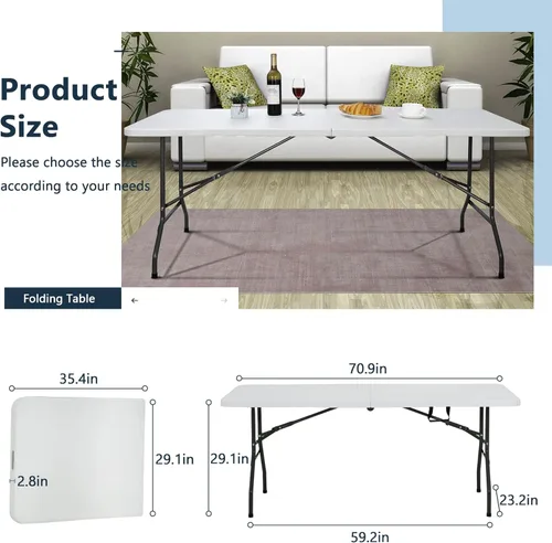Miniatura 2 de Mesas plegables, mesa plegable de 6 pies con asa y patas de acero, para interiores y exteriores, mesa portátil plegable por la mitad