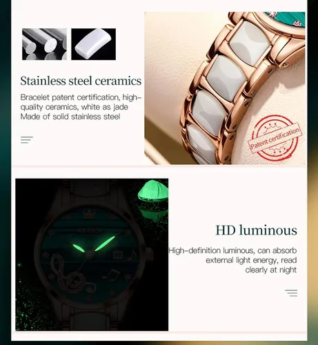 Miniatura 5 de OLEVS Relojes de pulsera para mujer color oro rosa elegante de cerámica para mujer de acero inoxidable impermeable luminoso