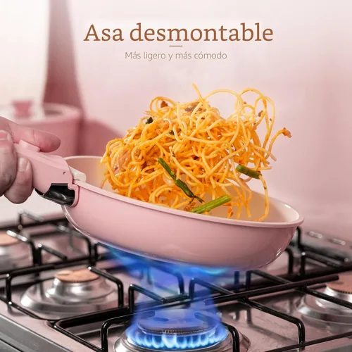 Miniatura 4 de Astercook Juego de 21 ollas y sartenes antiadherentes, juego de utensilios de cocina de cerámica, mango desmontable, juego de cocina de Rosa
