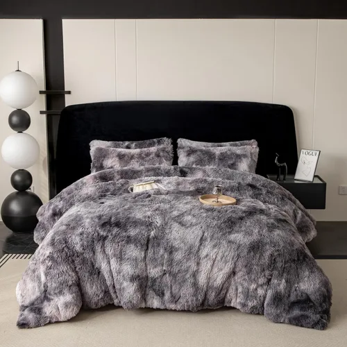 chovy Juego de edredón de pelo sintético teñido anudado negro, gris y blanco, tamaño King, juego de cama de 3 piezas, ultra suave, franela de felpa