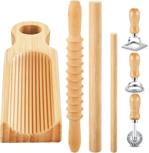 Miniatura 9 de Tioncy Juego de 7 piezas de herramientas para hacer pasta con tabla de gnocchi de madera, sello para raviolis, fabricante de raviolis y rodillo
