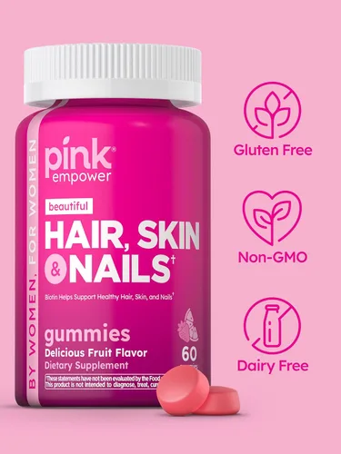 Miniatura 4 de Gomitas de uñas para la piel del cabello, 60 unidades, colágeno grande, vitaminas sin OMG y sin gluten para mujeres, sabor a fresa, de Pink
