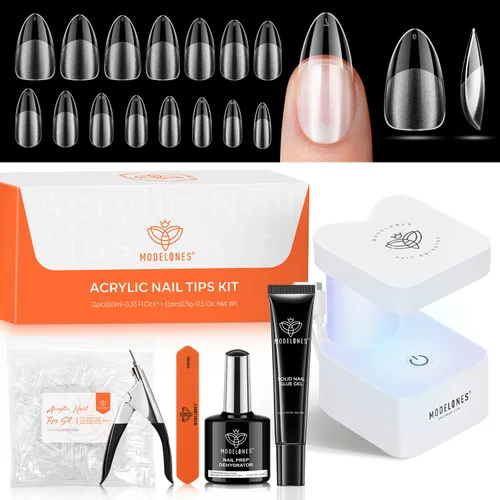 Miniatura 17 de Modelones 240 puntas de uñas de gel de almendra, uñas de gel suave de cobertura completa de grano 40 pregrabadas, medio mate, 15 tamaños, puntas