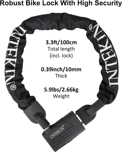Miniatura 2 de Cerradura de Cadena de Bicicleta de 3 pies/4 pies/5 pies de Alta Resistencia, Cerradura de Cadena de Bicicleta Antirrobo de 8 mm/10 mm de Grosor