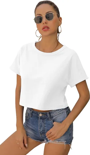 Miniatura 8 de Blusa corta de verano para mujer, manga corta, cuello redondo, ajuste holgado, blusa casual