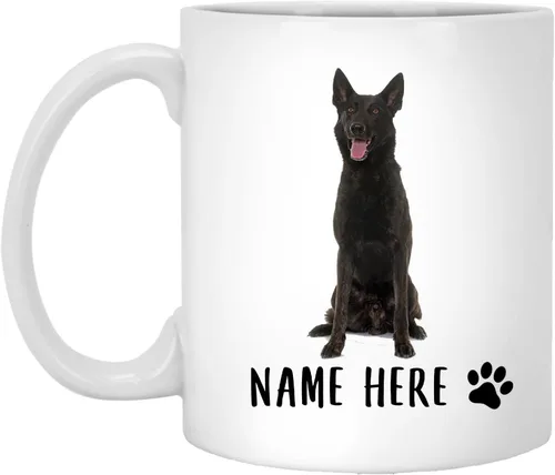 Taza de café de cerámica con nombre personalizado de pastor holandés sentado para mujeres y hombres, taza de café con texto personalizado, taza de