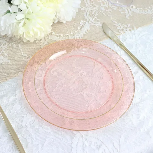 Miniatura 9 de Efavormart - Paquete de 10 platos de postre de plástico martillado de oro rosa rubor de 7.5 pulgadas con borde dorado, platos redondos desechables
