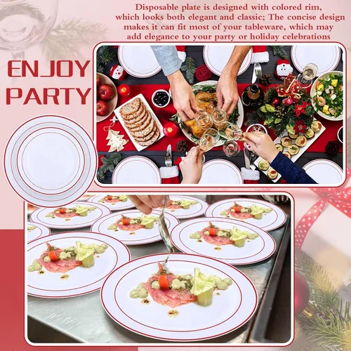 Miniatura 6 de Patelai Juego de 50 platos de plástico desechables para 25 invitados de 10.25 pulgadas, 7.5 pulgadas, platos llanos de plástico resistentes