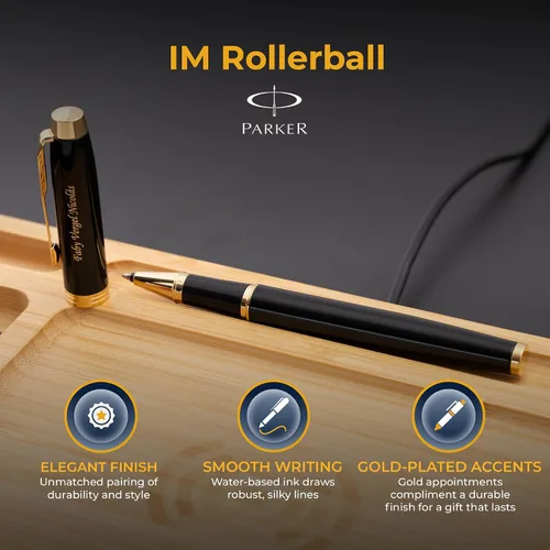 Miniatura 4 de Parker IM - Bolígrafo roller con tapa grabada, laca negra con borde dorado, regalo personalizado para ejecutivos, graduación, jubilación, avance