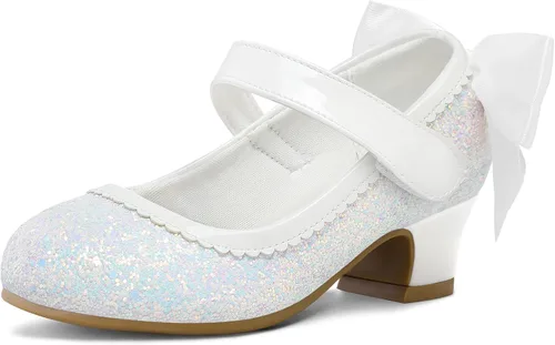 Miniatura 17 de K KomForme Zapatos de vestir para niñas con purpurina Mary Jane tipo pump con lazo, tacón bajo para fiestas y bodas, zapatos de princesa