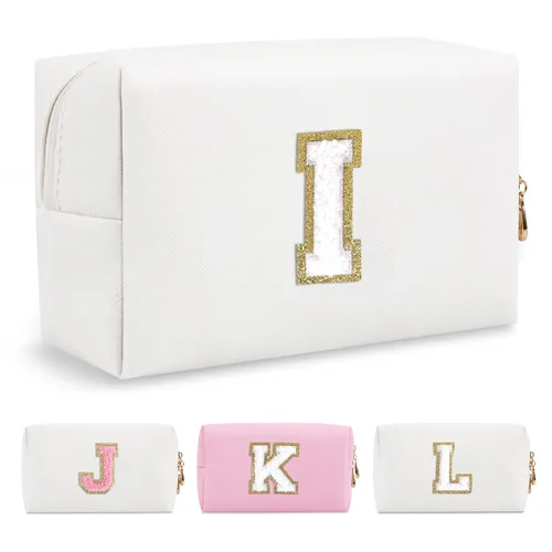 Miniatura 254 de Pequeña bolsa de maquillaje personalizada con inicial A-Z Preppy Patch, bolsa de cosméticos de viaje de felpilla blanca con cremallera, bonita bolsa