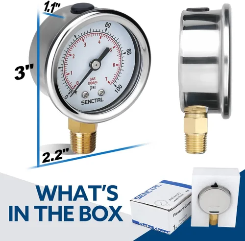 Miniatura 6 de SENCTRL - Medidor de presión de vacío de 30inHg, esfera de 2", NPT de 1/8, montaje inferior, estuche de acero inoxidable, resistente al agua
