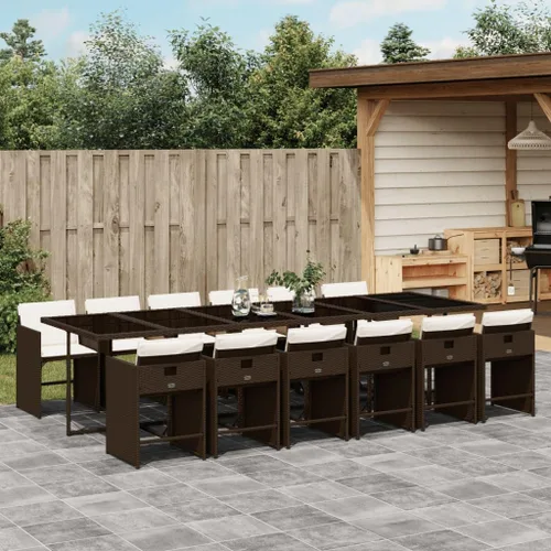 Miniatura 26 de 11-Piece Brown Poly Rattan Patio Dining Set with Cream Cushions Outdoor Furniture Foldable Chairs Tempered Glass Table for Garden Backyard Patio
