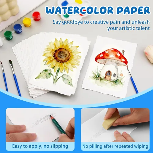 Miniatura 3 de Lunarm Papel de acuarela, 50 hojas, tarjetas de acuarela de 4 x 6 pulgadas, 300 GSM, papel texturizado hecho a mano de algodón con borde
