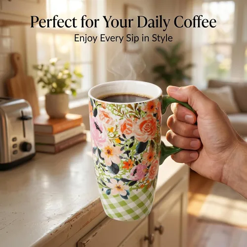 Miniatura 4 de Topadorn Taza de viaje de cerámica de 17 onzas con tapa, rosa acuarela y flores a cuadros, resistente a derrames, apta para microondas y Verde & Rosa