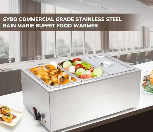 Miniatura 6 de SYBO - Calentador de alimentos de grado comercial de acero inoxidable Bain Marie, fácil de limpiar, mesa de vapor para buffet, catering