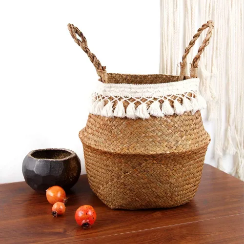 Miniatura 6 de Canasta Tejida Boho de Pasto Marino para Almacenamiento, Canasta para Plantas o Juguetes, para la Sala o el Baño (Grande, Beige)