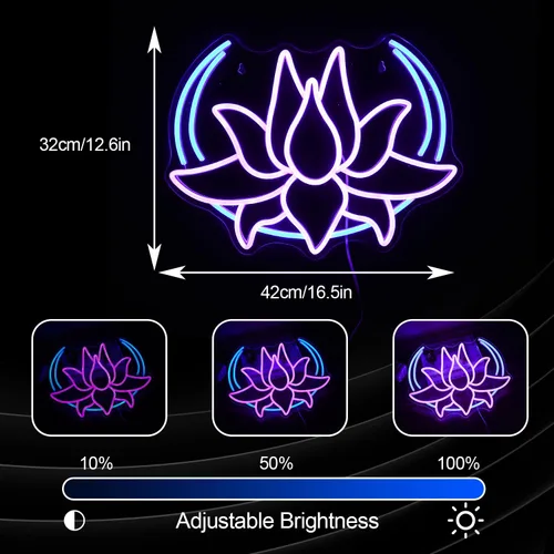 Miniatura 4 de Letrero de neón con diseño de flor de loto y luna, regulable, luz de neón azul para decoración de pared, alimentación USB, loto morado, letrero