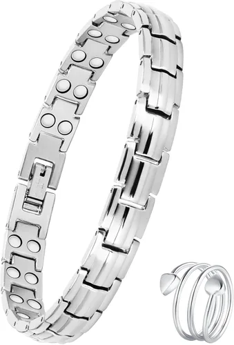 Feraco Pulsera magnética de acero de titanio para mujer con imanes de neodimio, regalos de joyería de Navidad (8.66, plata de fuerza 2X con anillo)