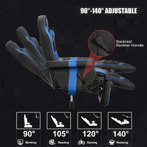 Miniatura 7 de Silla para juegos, silla reclinable para juegos con reposapiés, silla de juegos de piel sintética reclinable con masaje, sillas reclinables Azul