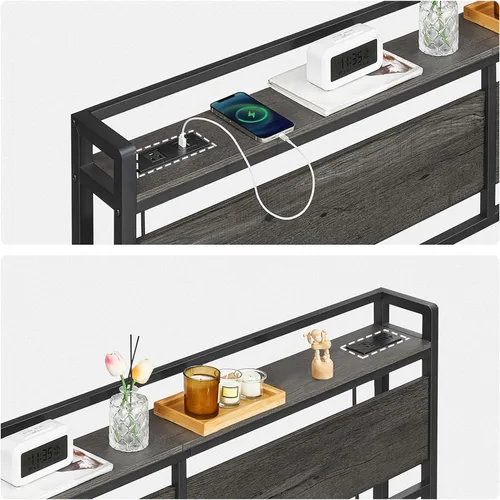 Miniatura 7 de HOOBRO Cabecera tamaño King, cabecera con 2 salidas y 4 puertos USB, altura ajustable, estante de almacenamiento, resistente y estable, fácil Gris
