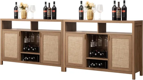 Miniatura 12 de SICOTAS - Gabinete de barra de café de ratán, aparador de buffet de 51" con almacenamiento, gabinete de licor moderno con estantes para vino