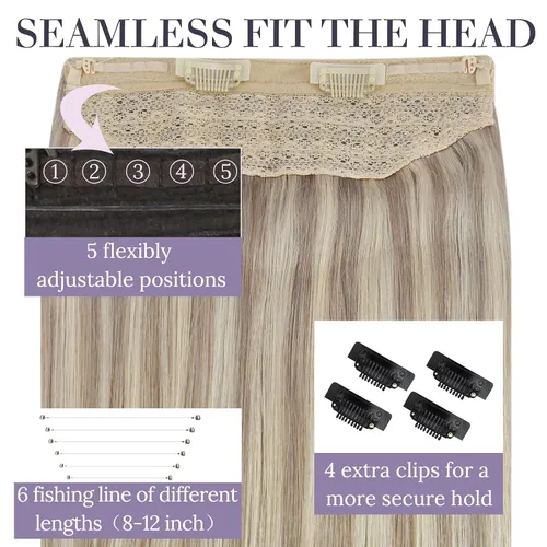 Miniatura 4 de Fshine - Extensiones de cabello con hilo invisible de 12 pulgadas, color rubio ceniza con reflejos de rubio decolorado, pieza de cabello humano real