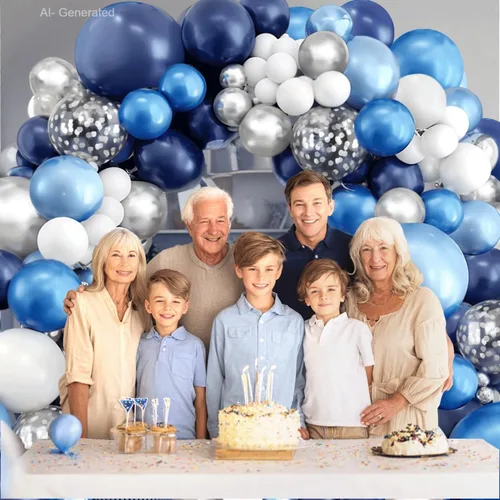 Miniatura 5 de Kit de arco de globos azul, blanco y plateado, globos azul marino y blancos con globos metálicos de confeti azul claro, azul oscuro y plateado, Azul