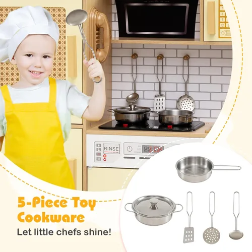 Miniatura 6 de HONEY JOY Cocina de Juguete de Madera con Diseño de Ratán, Juego de Cocina de Juguete para Niños Pequeños, Estufa con Luces y Dispensador de Agua