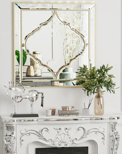 Espejo de pared cuadrado de 32 pulgadas, borde biselado plateado, marco dorado, decoración artística de lujo