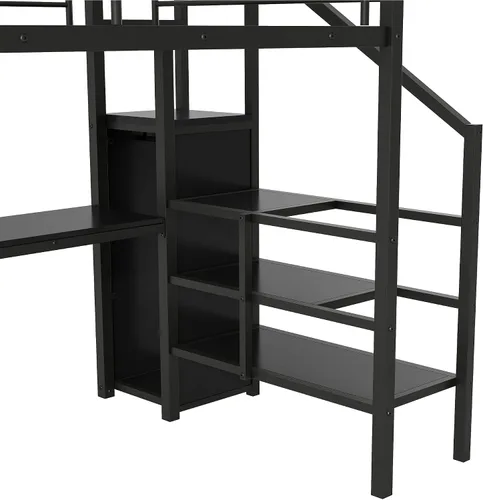 Miniatura 8 de Bellemave Cama tipo loft de metal de tamaño matrimonial con escritorio en forma de L, marco de cama tipo loft con luz LED, estación de carga