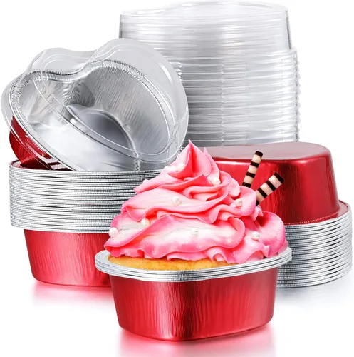 Miniatura 7 de Molde de aluminio para tartas en forma de corazón con tapas, 3.4 fl oz/3.4 onzas, mini taza desechable para magdalenas, tazas para hornear para San