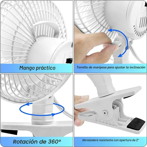 Miniatura 5 de Comfort Zone Ventilador portátil con clip para cochecito, de 15 cm con inclinación totalmente ajustable, silencioso de 2 velocidades para cama, mini