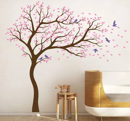 Miniatura 7 de Vinilo decorativo para pared de árbol grande con pájaros y hojas que soplan en el viento, adhesivo mural de bosque