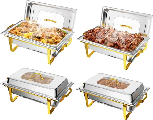 Miniatura 15 de ROVSUN Platos dorados para bufé, juego de bufé de 9 cuartos con tapa de vidrio, servidores y calentadores de bufé de acero inoxidable con marco