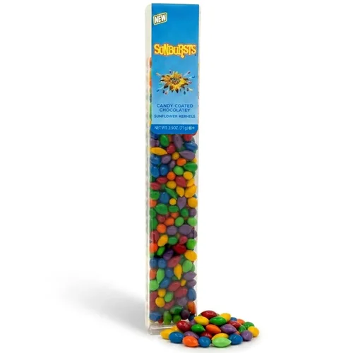 Kimmie Candy Sunbursts - Semillas de girasol cubiertas de chocolate con cáscara de caramelo colorida, tubo de 2.5 onzas, sin OMG, sin cacahuetes,