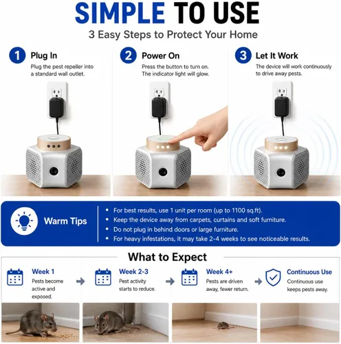 Miniatura 6 de Repelente ultrasónico de plagas para interiores, control de murciélagos de roedores de ratón, 4 modos Helps repel mice and rodents suitable for