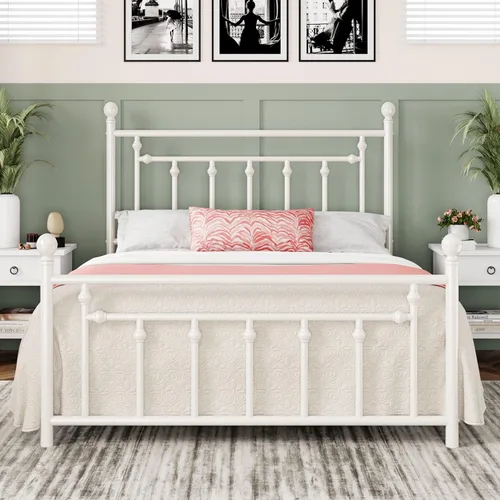 Allewie Armazón de Cama de Plataforma de Metal de 14 Pulgadas Tamaño Queen con Cabecera y Pie de Cama Vintage Victoriano/Base de Blanco