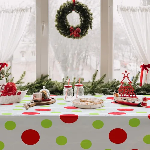 Miniatura 6 de Hosuly Rollo de mantel de Navidad de 100 pies x 40 pulgadas con lunares rojo y verde, mantel rectangular desechable de plástico para invierno